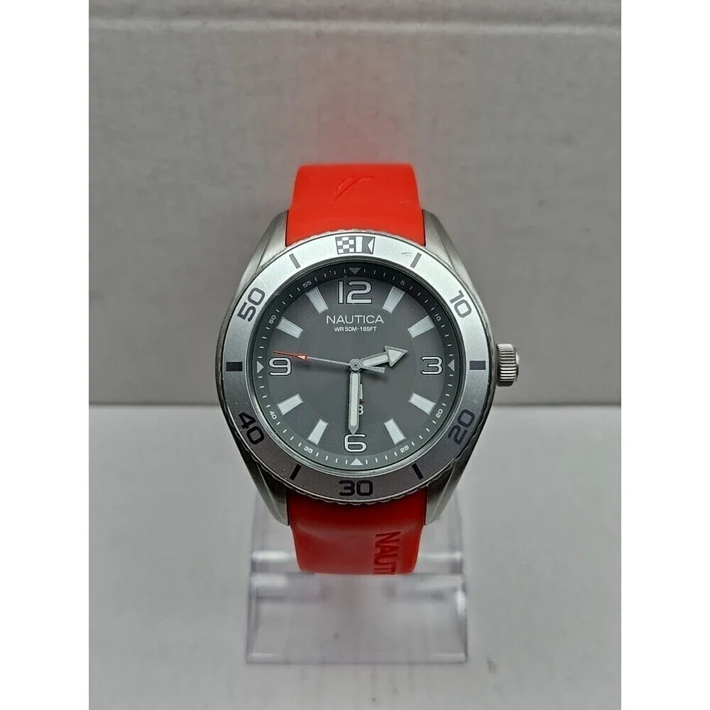 Mens Nautica N83 Finn World Watch 44mm Red Silicone Gray Quartz New Battery 50m